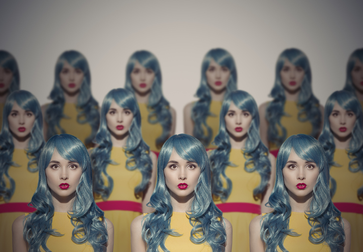 a collection of love dolls with blue hair and red lips